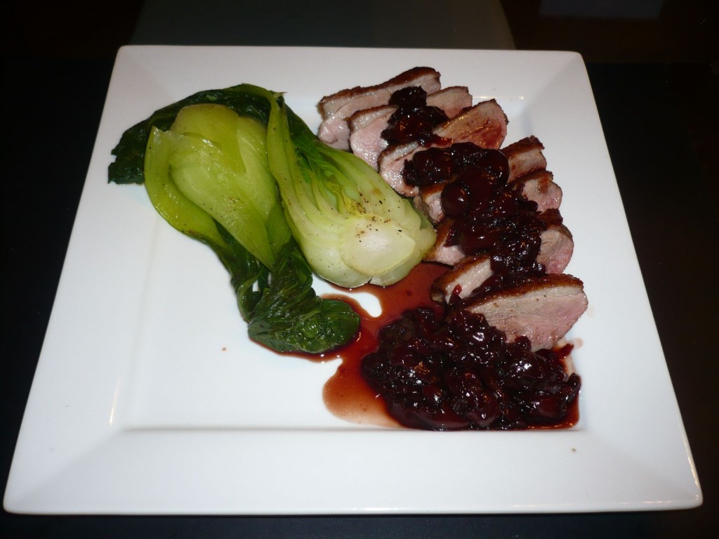 Duck breast, bok choy, and cherry and port sauce (Gordon Ramsay)